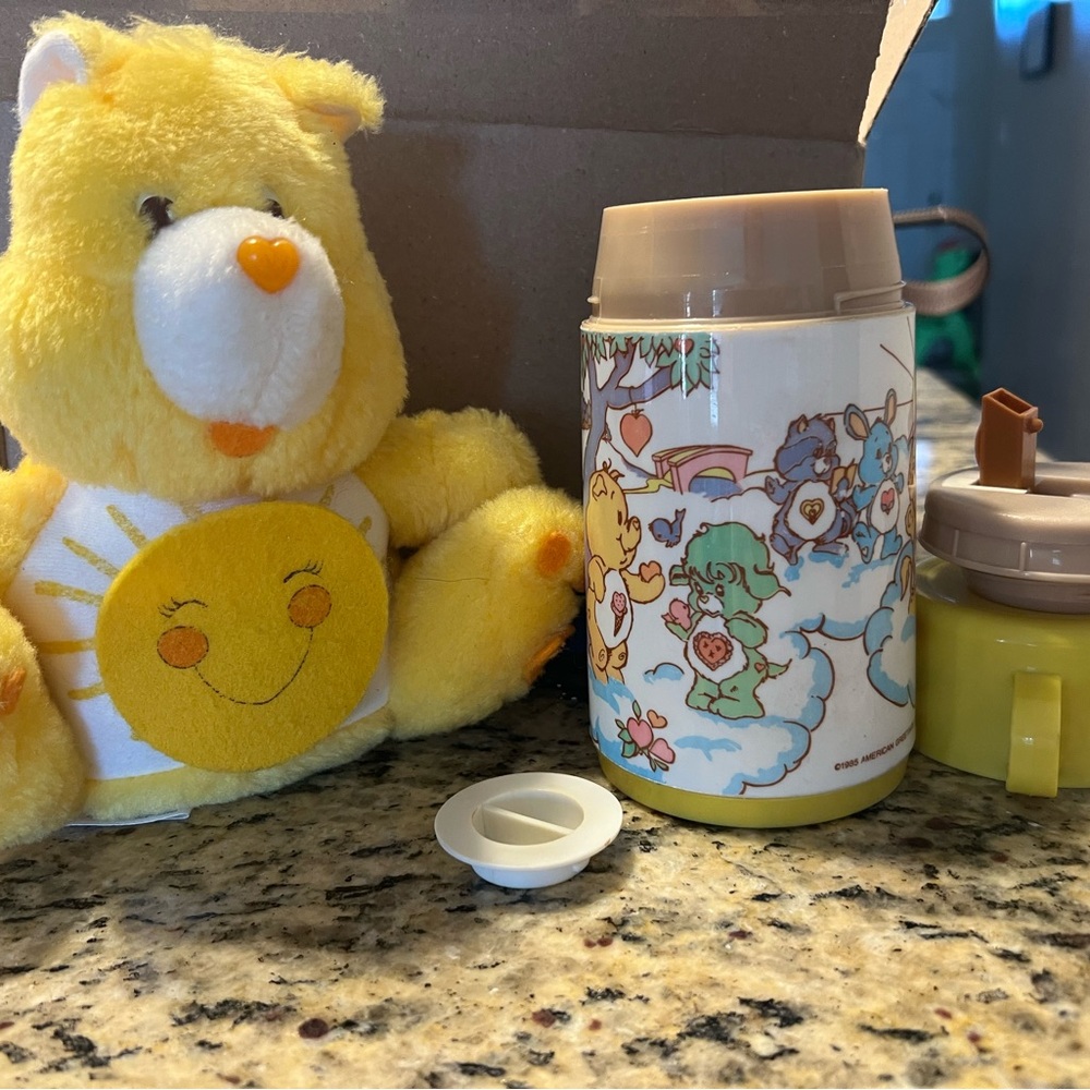 Vintage Care Bears Sunshine Plush bank and Thermos Set from American Greetings